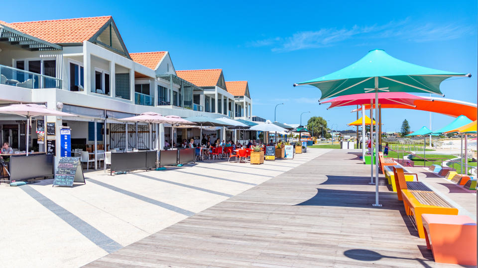 Rockingham, WA / Australia - 11/15/2019 Rockingham foreshore makeover with colourful umbrellas and seats.