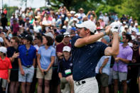 Rory McIlroy, of Northern Ireland, watches his shot on the third hole during the second round of the Travelers Championship golf tournament at TPC River Highlands, Friday, June 24, 2022, in Cromwell, Conn. (AP Photo/Seth Wenig)