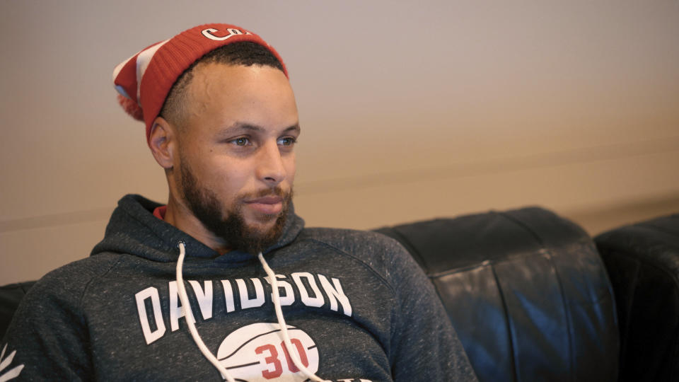 This image released by Apple TV+ shows Stephen Curry in a scene from the documentary "Stephen Curry: Underrated." (Apple TV+ via AP)