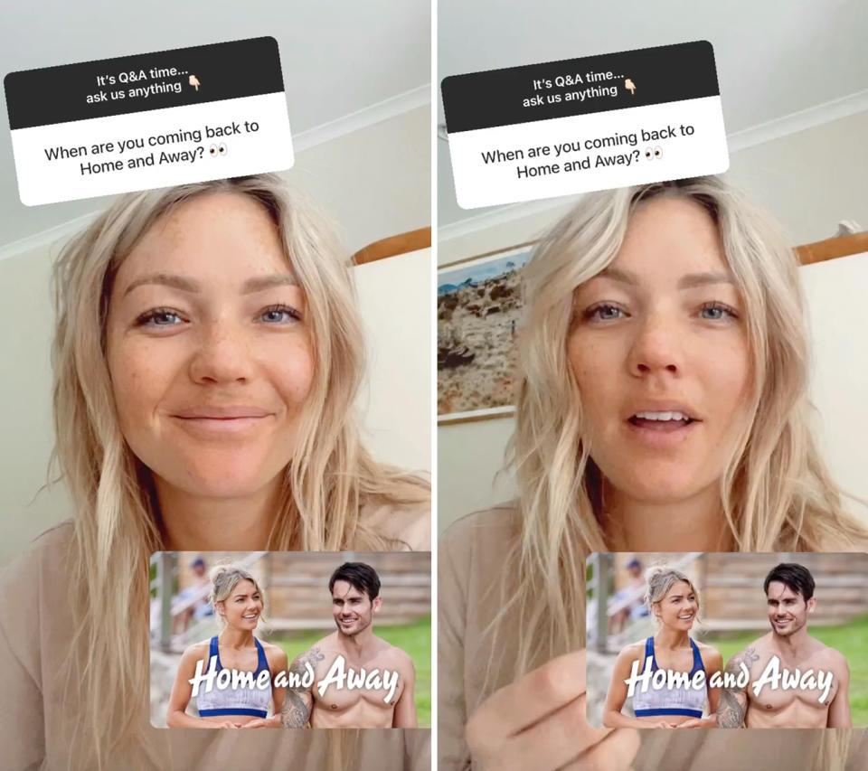 Two screenshots of Sam Frost doing a Q&A on Instagram with a Home and Away photo and logo down the bottom