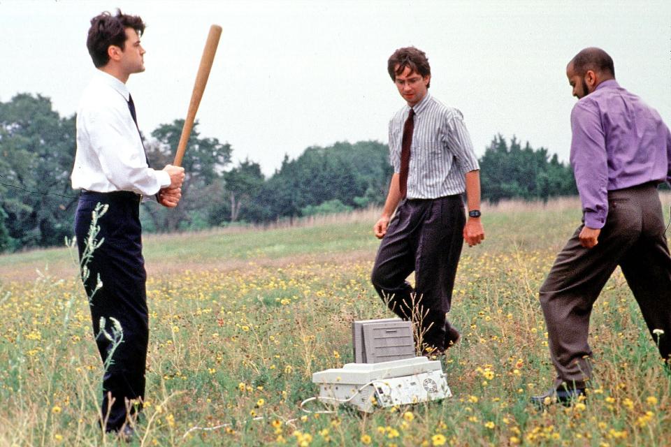 Ron Livingston, David Herman And Ajay Naidu Take Their Ultimate Revenge On Their Dreaded Nemesis, The Office Fax Machine In A Scene Of Twentieth Century Fox New Release "Office Space". (Photo By Getty Images)