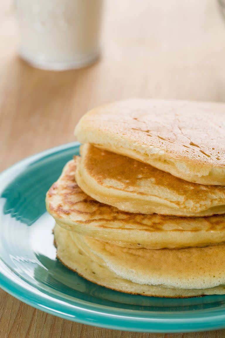 <p>No baking powder? You could use bicarbonate of soda instead; it will react to the acid in the Greek yoghurt, leaving the pancakes just as light and fluffy. </p><p>Get the <a href="https://www.delish.com/uk/cooking/recipes/a29853820/greek-yogurt-pancakes-recipe/" rel="nofollow noopener" target="_blank" data-ylk="slk:Greek Yogurt Pancakes;elm:context_link;itc:0;sec:content-canvas" class="link ">Greek Yogurt Pancakes</a> recipe.</p>