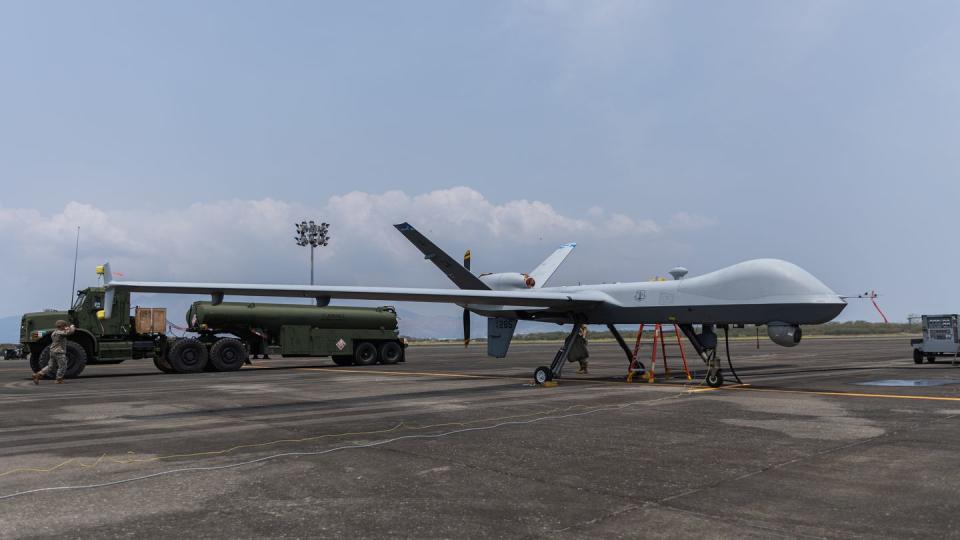 U.S. Marines prepare to refuel am MQ-9A Reaper drone with the California Air National Guard during the Balikatan exercise at the Subic Bay International Airport in the Philippines on April 7, 2023. (Cpl. Kyle Chan/U.S. Marine Corps)