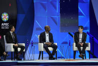 From left; Chris Cox, CPO, Meta, James Manyika, SVP of Research, Technology & Society, Google, and Sam Altman, CEO, OpenAI, participate in a discussion entitled "Charting the Path Forward: The Future of Artificial Intelligence" during the Asia-Pacific Economic Cooperation (APEC) CEO Summit Thursday, Nov. 16, 2023, in San Francisco. (AP Photo/Eric Risberg)