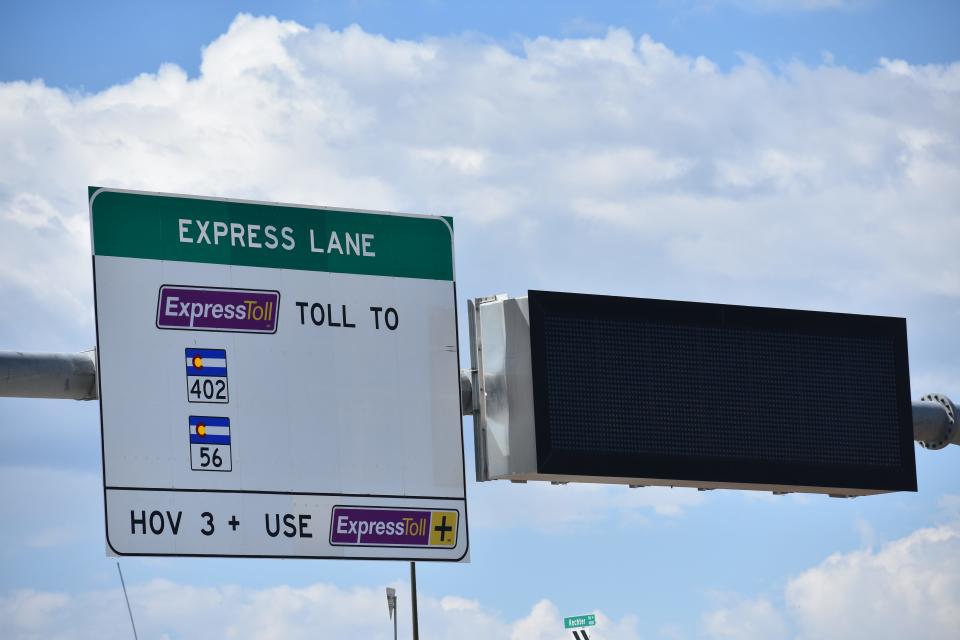 An express lanes sign and electronic message board have been erected above Interstate 25 just north of Kechter Road near Fort Collins, as seen on Monday. The signs are part of the North I-25 Express Lanes project.