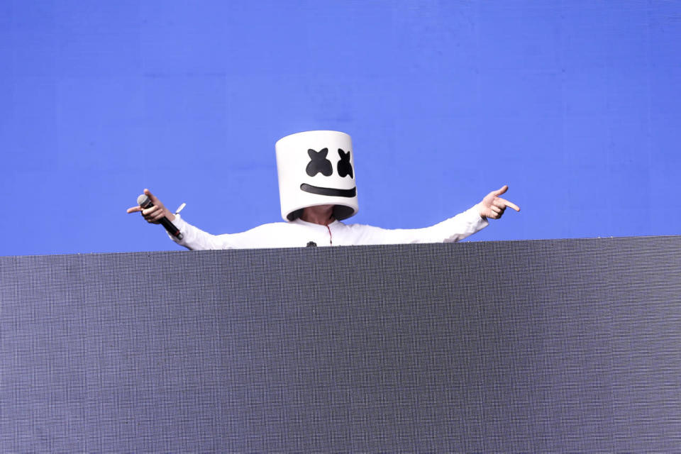 DJ Marshmello with his signature headgear at the main stage. (Photo: Yahoo Singapore)