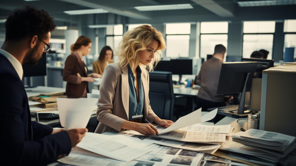 Adults in a professional office, handling financial documents.