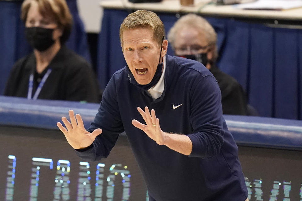 Gonzaga head coach Mark Few shouts to his team in the second half of an NCAA college basketball game against BYU, Monday, Feb. 8, 2021, in Provo, Utah. (AP Photo/Rick Bowmer)