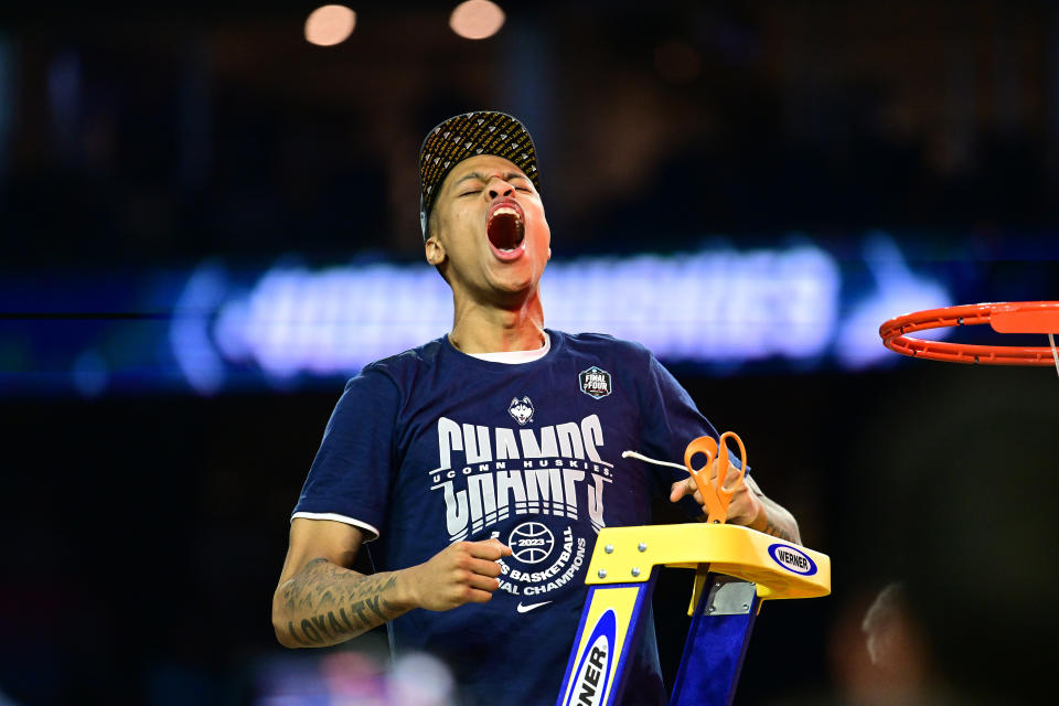 UConn&#39;s Jordan Hawkins celebrates after defeating San Diego State to win the NCAA men&#39;s national championship on April 3, 2023 in Houston. (Ben Solomon/NCAA Photos via Getty Images)