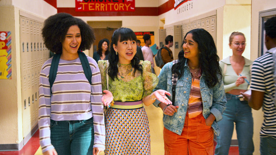 Lee Rodriguez as Fabiola Torres, Ramona Young as Eleanor Wong, and Maitreyi Ramakrishnan as Devi in 