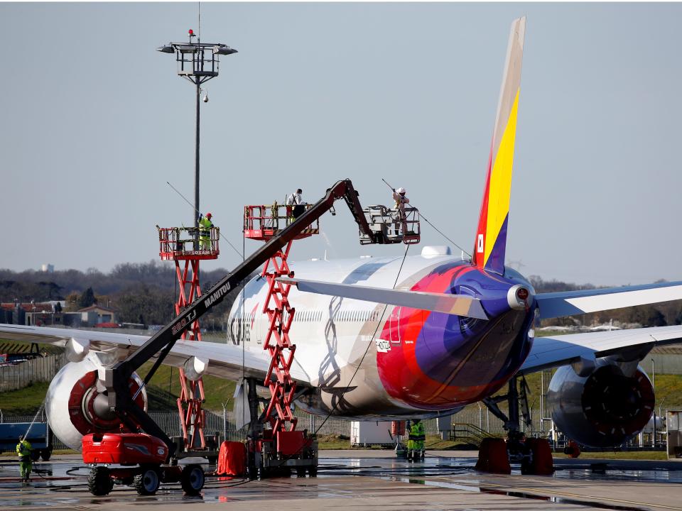 FILE PHOTO: An Asiana Airlines Airbus A350-900 is seen at the Airbus delivery center in Colomiers near Toulouse, France, March 20, 2019.   REUTERS/Regis Duvignau/File Photo