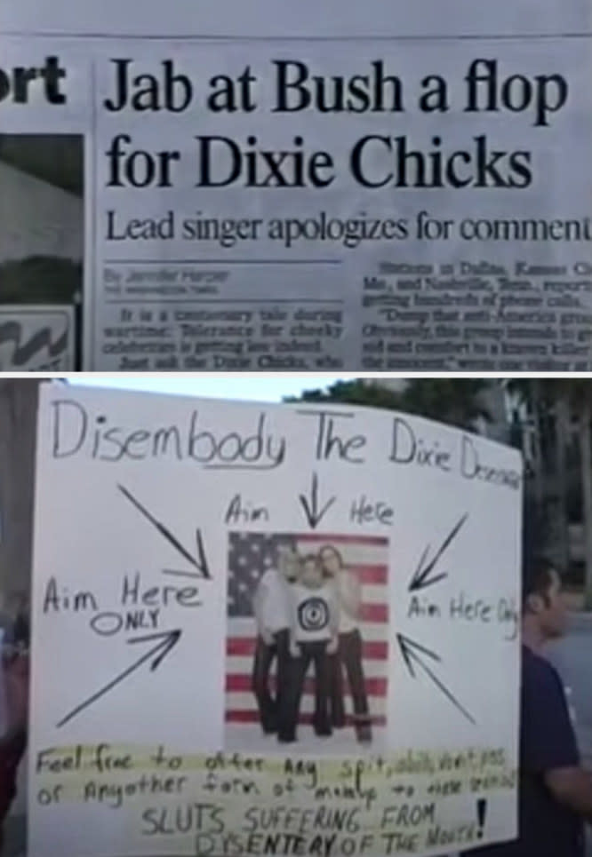 Newspaper headline that reads: "Jab at Bush a flop for Dixie Chicks;" Chicks protesting after their George W. Bush comments