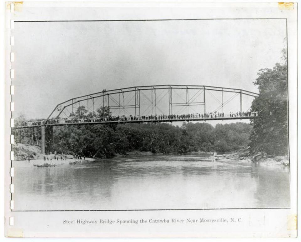 The first bridge over the Catawaba River was buit by Mr. James W. Brown and Mr. B. A. Troutman. The bridge was 264 feet long and rose 40 feet from the river bed. The bridge stood until the 1916 flood. This image is from the opening day of the bridge.