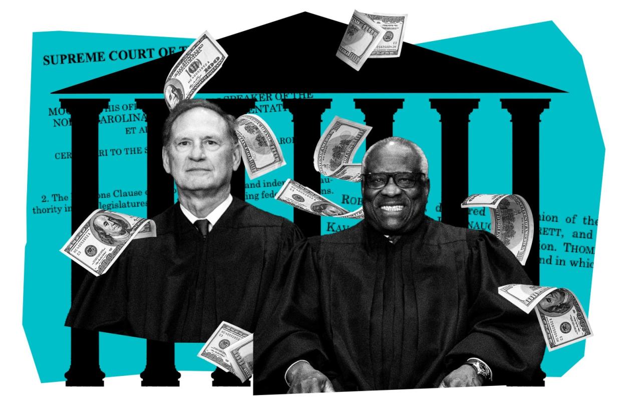 A collage of Justices Clarence Thomas and Samuel Alito smiling as dollar bills rain down on their head, with Supreme Court columns in the background and snippets of a SCOTUS opinion.