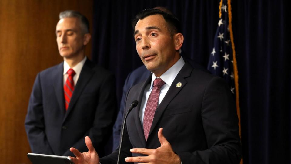 PHOTO: United States Attorney E. Martin Estrada, right, on April 11, 2024. (Genaro Molina/Los Angeles Times via Getty Images)