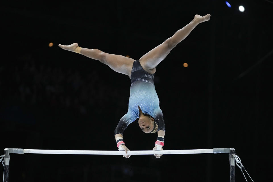 Brazil's Rebeca Andrade competes on the uneven bars during the women's all-round final at the Artistic Gymnastics World Championships in Antwerp, Belgium, Friday, Oct. 6, 2023. (AP Photo/Virginia Mayo)