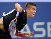 Aug 31, 2015; New York, NY, USA; Borna Coric of Croatia hits to Rafael Nadal of Spain on day one of the 2015 US Open tennis tournament at USTA Billie Jean King National Tennis Center. Mandatory Credit: Robert Deutsch-USA TODAY Sports