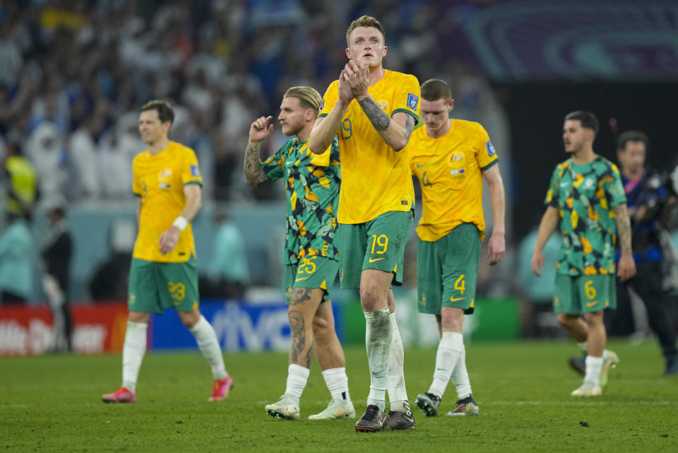 Australia's Harry Souttar reacts following the World Cup round of 16 soccer match between Argentina and Australia at the Ahmad Bin Ali Stadium in Doha, Qatar, Saturday, Dec. 3, 2022. (AP Photo/Jorge Saenz)