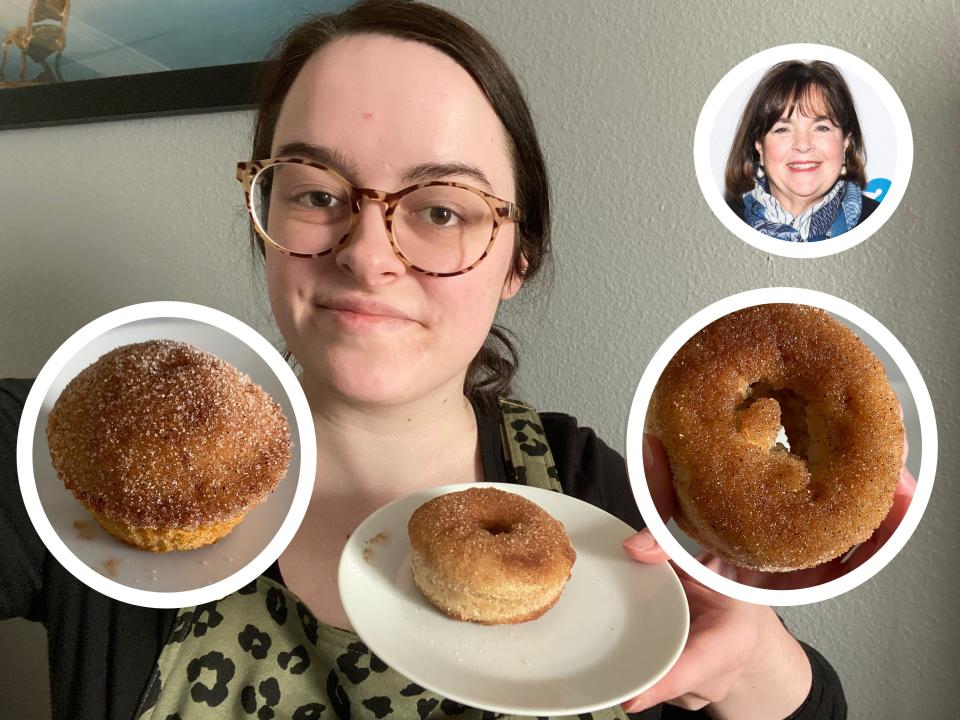 Freelancer Paige Bennett with an apple-cider donut by Ina Garten.