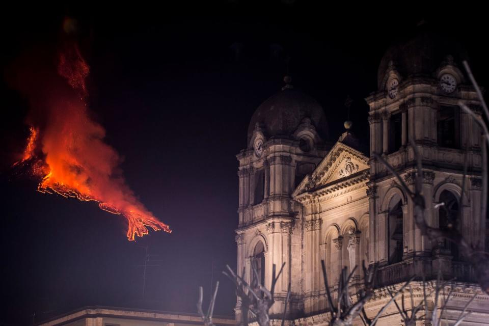 Zafferana Etnea's Mother Church lit in the shadow of Mount Etna