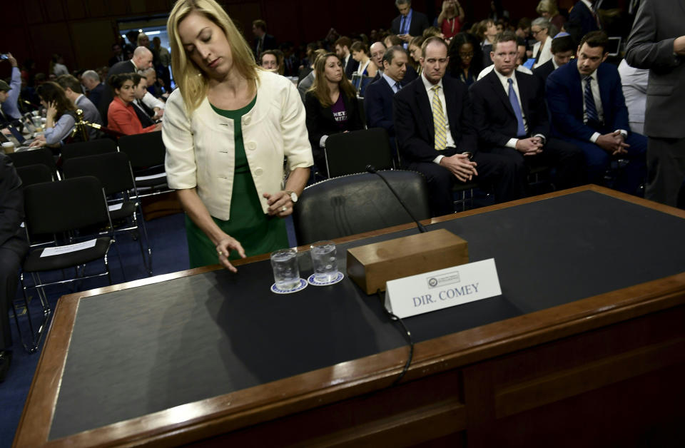 <p>Preparations are made before former FBI Director James Comey testifies during a US Senate Select Committee on Intelligence hearing on Capitol Hill in Washington on June 8, 2017. (Photo: Brendan Smialowski/AFP/Getty Images) </p>