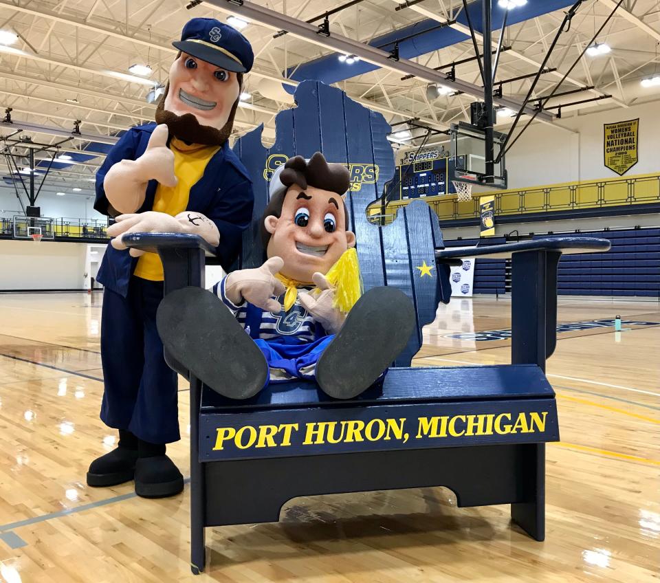 St. Clair County Community College mascots Skip and Lil' Skip pose for a photo inside SC4 Fieldhouse in Port Huron on Nov. 8, 2021.