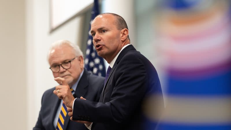 Left to right, President and CEO of the Sutherland Institute Rick Larsen moderates a discussion with Utah Sen. Mike Lee at the Sutherland Institute’s 2023 Congressional Series at the Hinckley Institute on the University of Utah campus in Salt Lake City on Tuesday, Aug. 22, 2023.