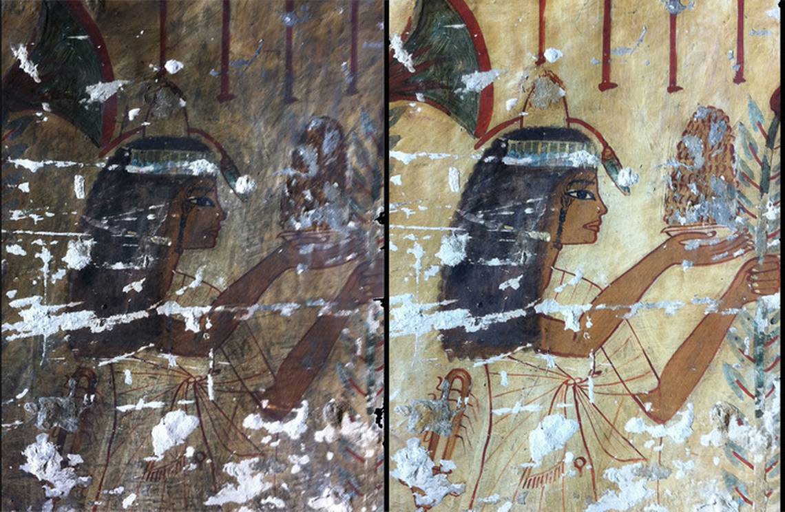 A painting before (left) and after (right) restoration work.