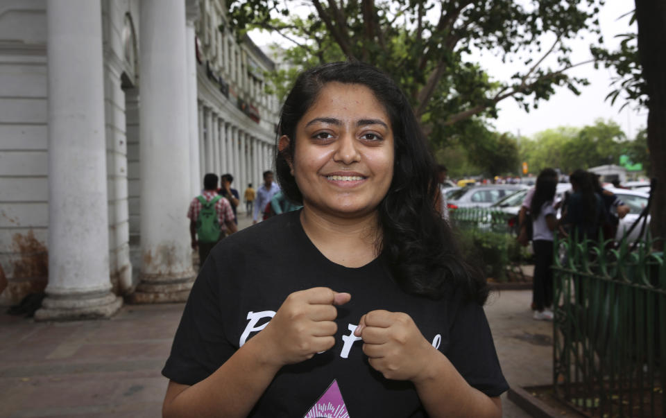 In this Tuesday, April 16, 2019, photo, psychology student Vardha Kharbanda, 20, speaks to Associated Press in New Delhi, India. With nearly half the electorate under 35 and more than 15 million first time voters, India's young can swing the national vote in the world's largest democracy in any direction. “I am looking out for an issue that no government is actually talking about, that is pollution. I have been in Delhi for my entire life and my lungs are gone without ever smoking. So I might just die of lung cancer without touching a cigarette even once. Nobody is talking about pollution,” Kharbanda said. (AP Photo/Manish Swarup)