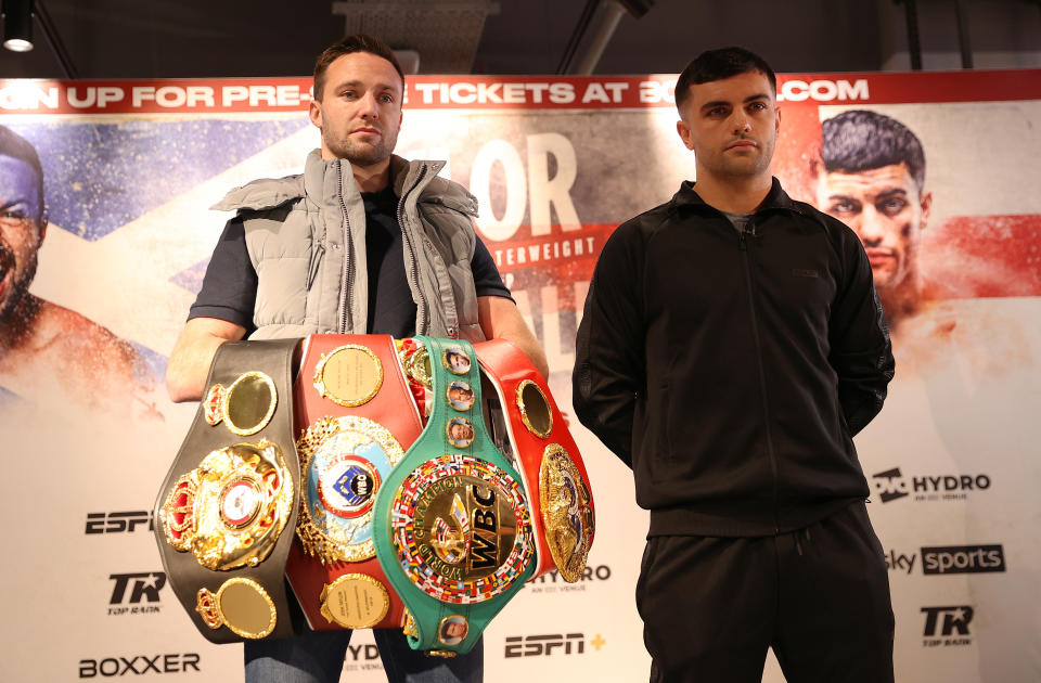 LONDON, ENGLAND - DECEMBER 08: Josh Taylor and Jack Catterall face off during the Josh Taylor v Jack Catterall press conference at The Sports Direct Flagship store on December 08, 2021 in London, England. (Photo by James Chance/Getty Images)