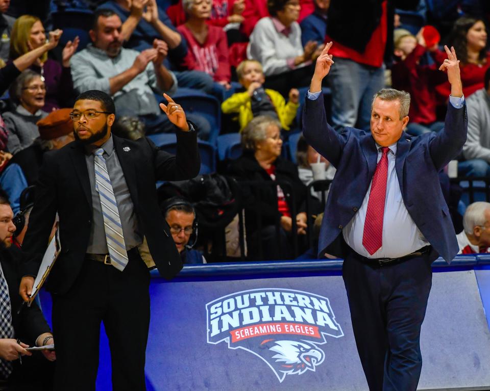 University of Southern Indiana head coach Rodney Watson reacts to play on the floor as the University of Southern Indiana Screaming Eagles play the Bellarmine Knights in a double header at Screaming Eagle Arena Saturday, January 11, 2020.