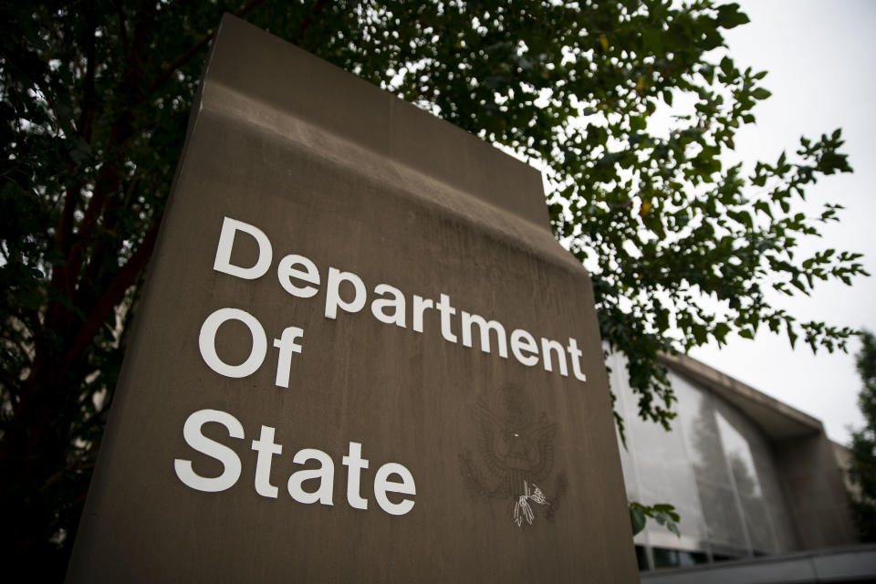 Signage is displayed outside the U.S. State Department headquarters in Washington, Oct. 3, 2019. (Photo: Al Drago/Bloomberg via Getty Images)