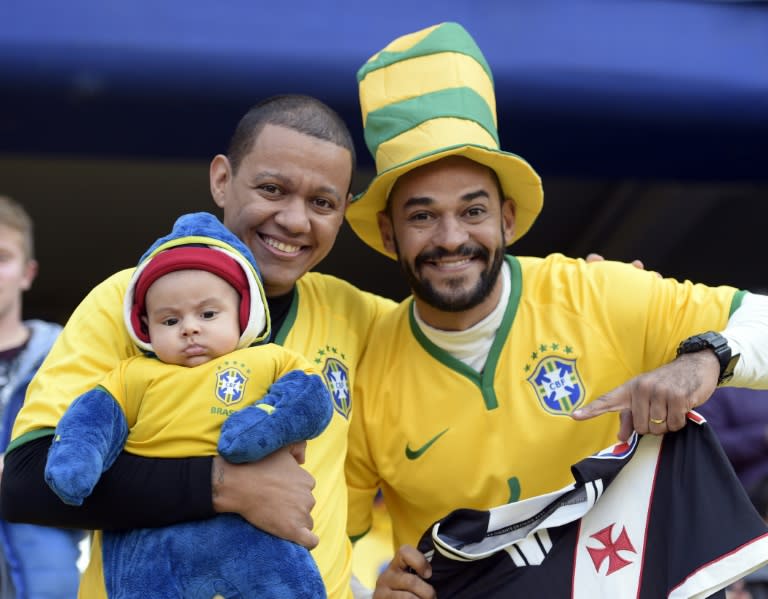 Supporters of Brazil pose during the Copa America football championships in Concepcion, Chile, on June 27, 2015