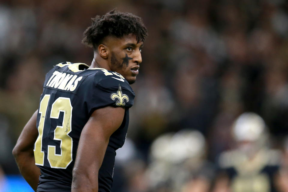 NEW ORLEANS, LOUISIANA - NOVEMBER 24: Michael Thomas #13 of the New Orleans Saints in stands on the field during a NFL game against the Carolina Panthers at the Mercedes Benz Superdome on November 24, 2019 in New Orleans, Louisiana. (Photo by Sean Gardner/Getty Images)