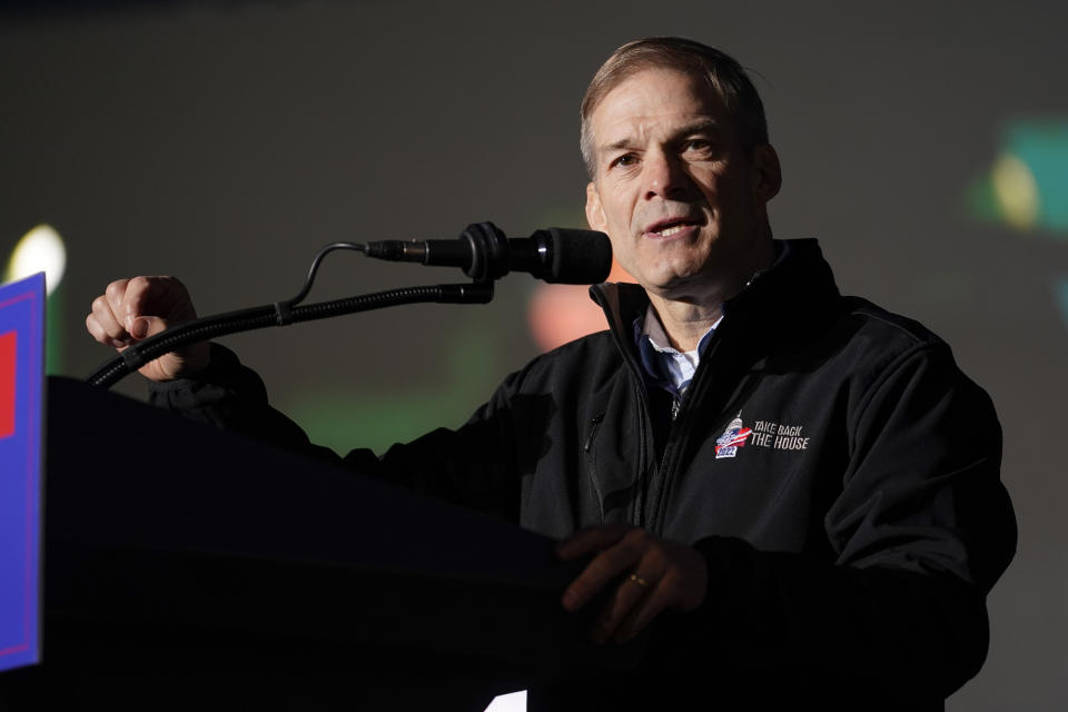 FILE - Rep. Jim Jordan, R-Ohio, speaks before former President Donald Trump at a rally in support of the campaign of Ohio Senate candidate JD Vance at Wright Bros. Aero Inc. at Dayton International Airport on Nov. 7, 2022, in Vandalia, Ohio. (AP Photo/Michael Conroy, File)