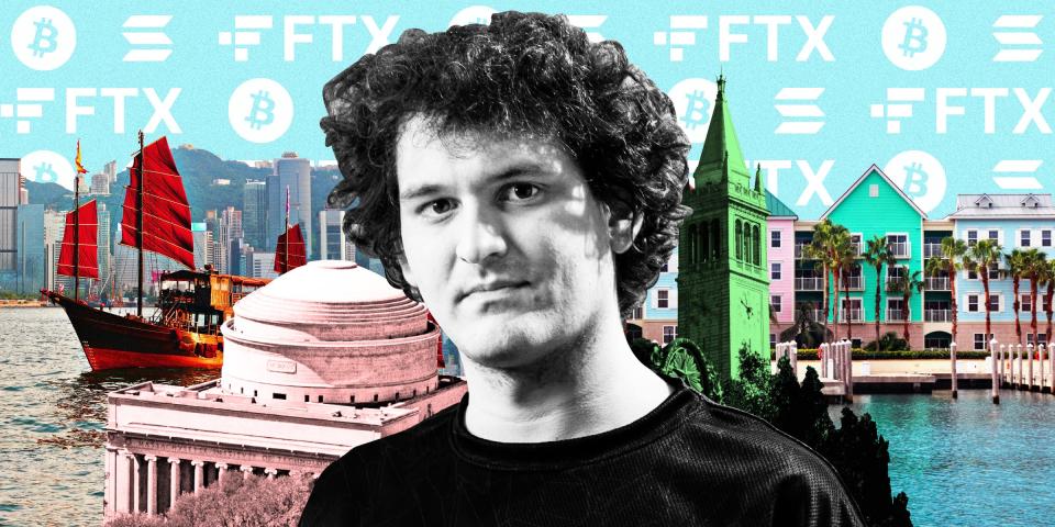 Sam Bankman-Fried on top of a collage that features MIT, Hong Kong, Berkeley CA and Nassau, Bahamas, against a teal background with the logos of FTX, Bitcoin and Solana
