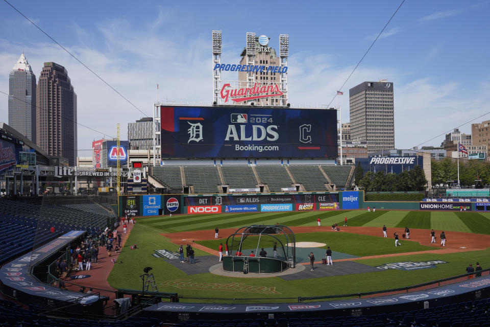 The Cleveland Guardians hold a baseball workout in Cleveland, Friday, Oct. 4, 2024, in preparation for the American League Division Series against the Detroit Tigers. (AP Photo/Sue Ogrocki)