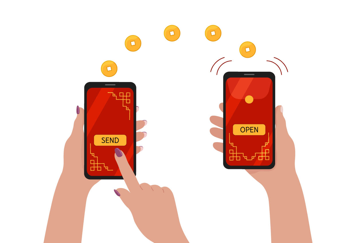 A vector illustration showing a digital Chinese angbao traditional gift in a smartphone. 