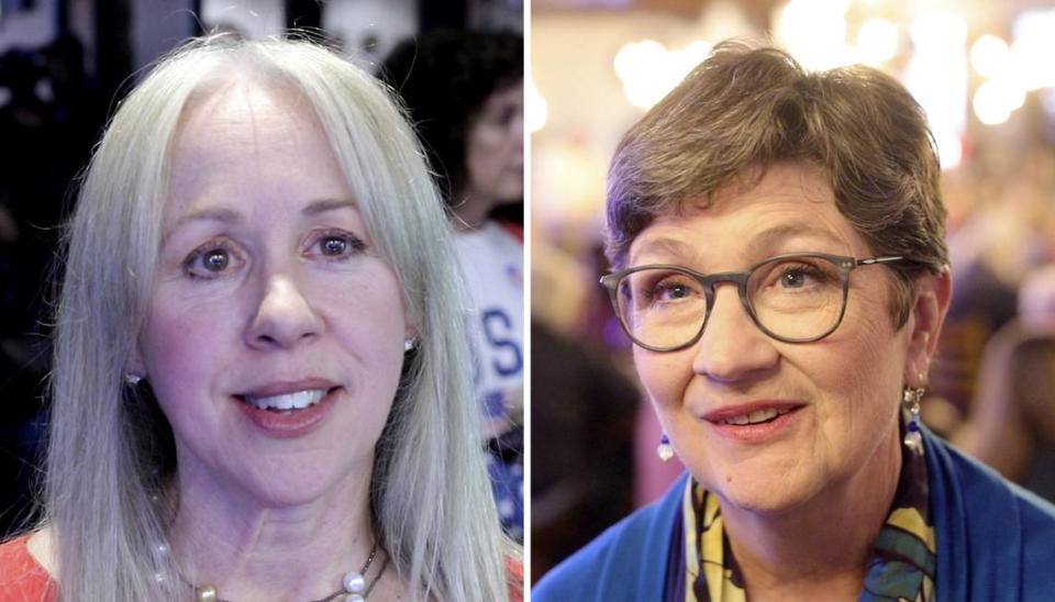 Heather Moreno, left, and Susan Funk talk to supporters at their Election Night parties in Atascadero on March 5, 2024, while awaiting returns in the race for District 5 San Luis Obispo County supervisor.