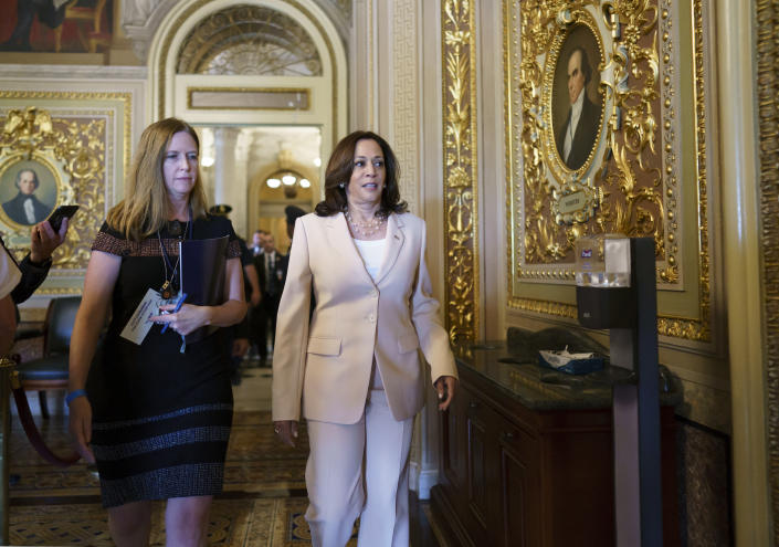 Vice President Kamala Harris arrives at the Senate to break any tie votes as the Senate prepares to hold a procedural vote on infrastructure, at the Capitol in Washington, Wednesday, July 21, 2021. Republicans are prepared to block the vote by mounting a filibuster over what they see as a rushed and misguided process. (AP Photo/J. Scott Applewhite)