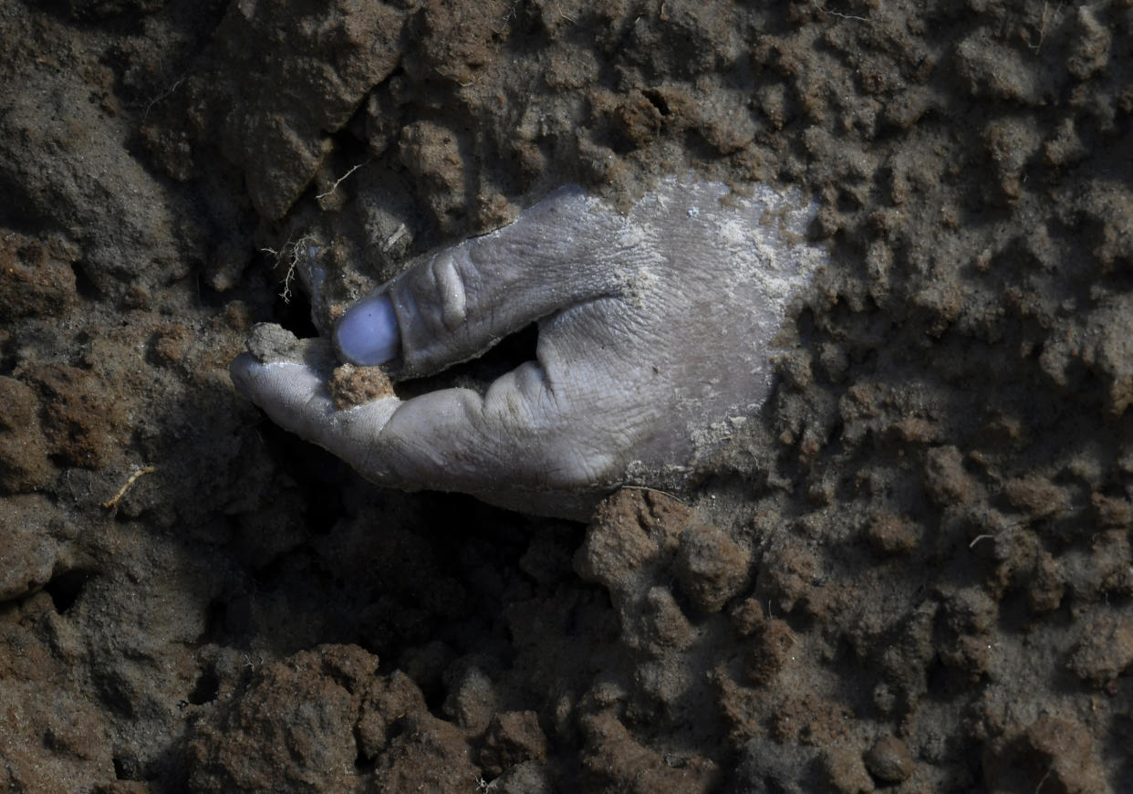 The hand of a corpse in a mass grave in Bucha. 