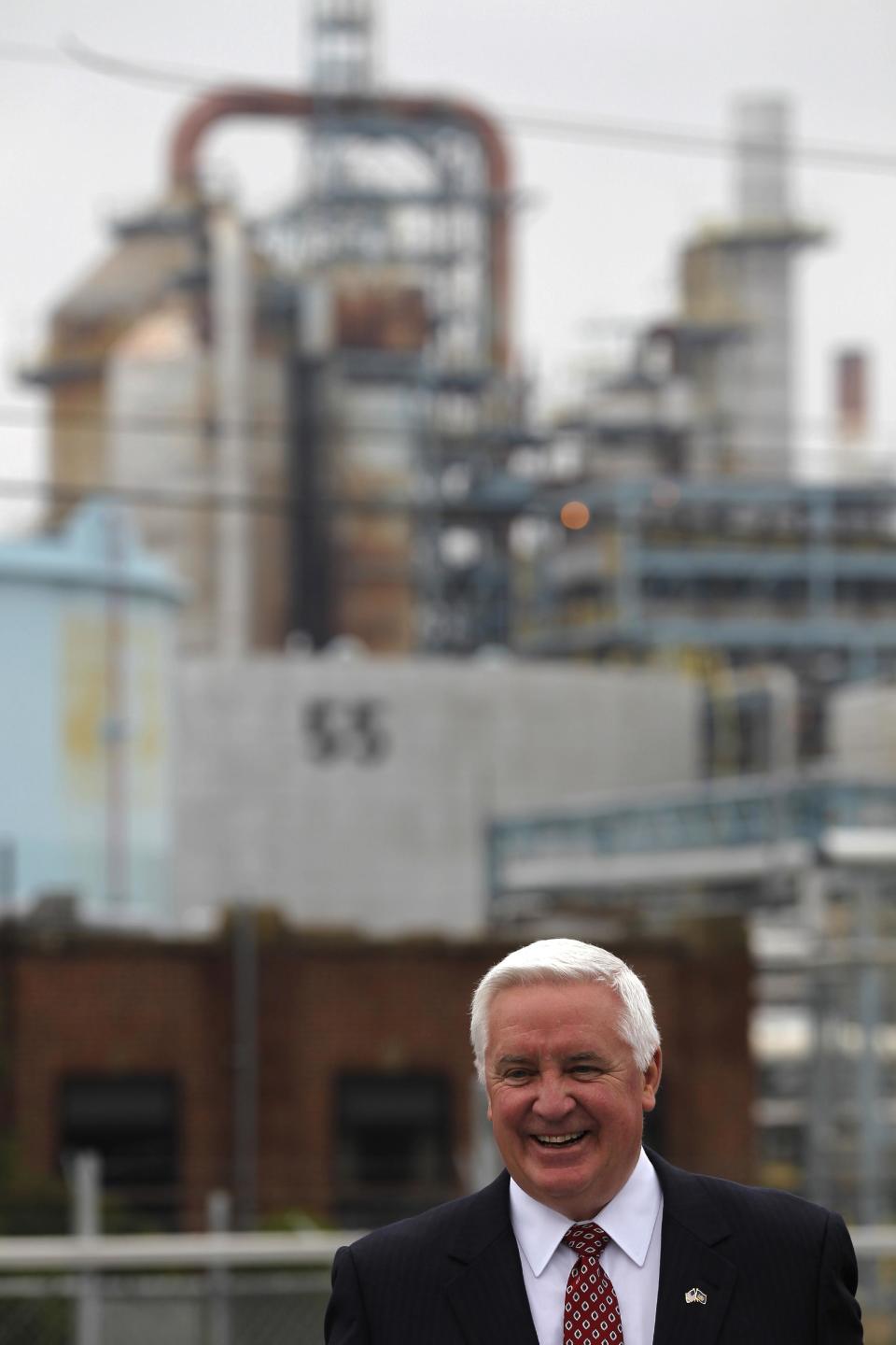 Pennsylvania Gov. Tom Corbett speaks during a news conference in front of a ConocoPhillips refinery, Tuesday, May 1, 2012, in Trainer, Pa. Delta Air Lines Inc. Monday, said it will buy the refinery as part of an unprecedented deal that it hopes will cut its jet fuel bill. (AP Photo/Matt Rourke)