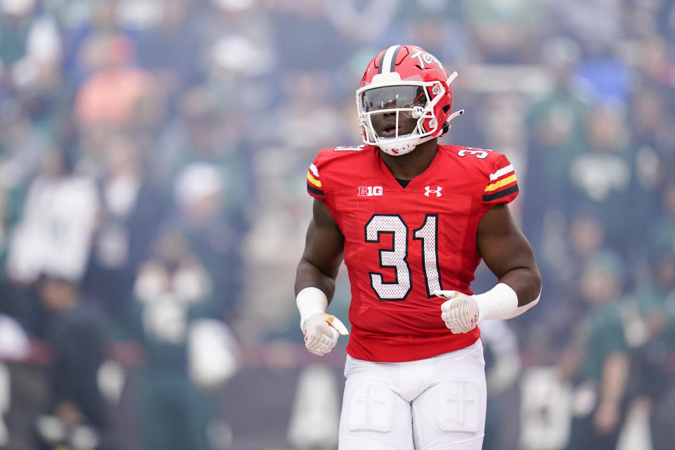 Maryland running back Antwain Littleton II looks on after scoring a touchdown against Michigan State during the first half of an NCAA college football game, Saturday, Oct. 1, 2022, in College Park, Md. (AP Photo/Julio Cortez)