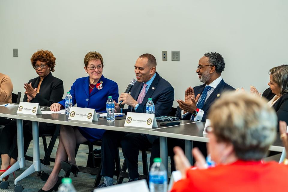 House Minority Leader Rep. Hakeem Jeffries, D-NY, speaks in Toledo at a health care forum held by Rep. Marcy Kaptur, D-Toledo, in blue.