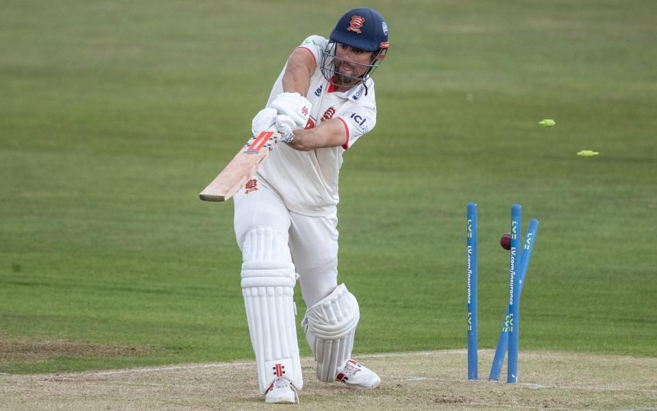 Alastair Cook of Essex is clean bowled by Tom Taylor of Northamptonshire during the LV= Insurance County Championship match between Northamptonshire and Essex at The County Ground on September 26, 2022 in Northampton - Getty Images