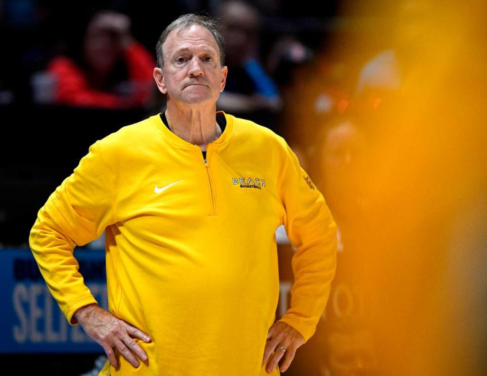 Long Beach State 49ers head coach Dan Monson looks on during the second half against the San Diego State Aztecs at Viejas Arena in San Diego, California, on Nov. 14, 2023.