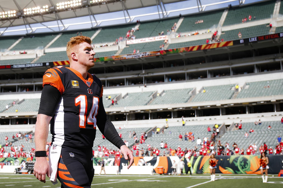 Cincinnati Bengals quarterback Andy Dalton walks off the field after an NFL football game against the San Francisco 49ers, Sunday, Sept. 15, 2019, in Cincinnati. (AP Photo/Gary Landers)