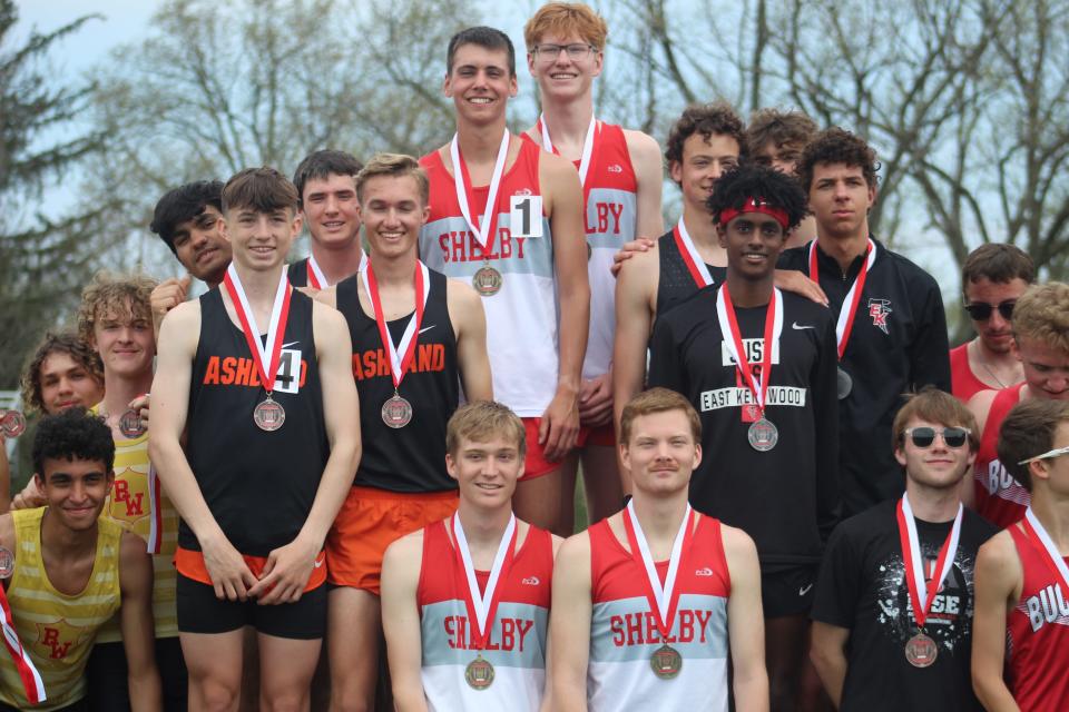 Shelby's 4x800 relay team of, on top, Huck Finnegan (left), Indy Mayer (right), on bottom, Marshall Moore (left) and Luke Dininger (right) took home first-place medals on Saturday.