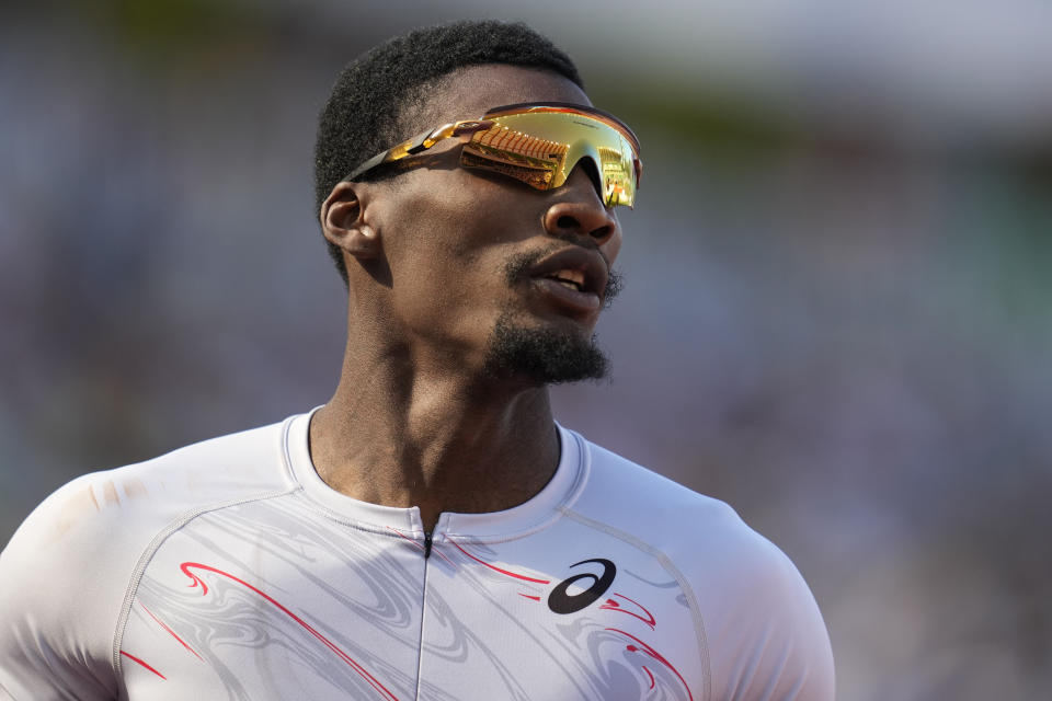 FILE - Fred Kerley competes in the first round of the men's 200 meters during the U.S. track and field championships in Eugene, Ore., Saturday, July 8, 2023. (AP Photo/Ashley Landis, File)
