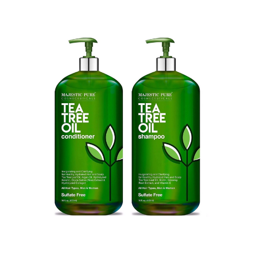 Majestic Pure Tea Tree Oil pack of shampoo and conditioner against white background